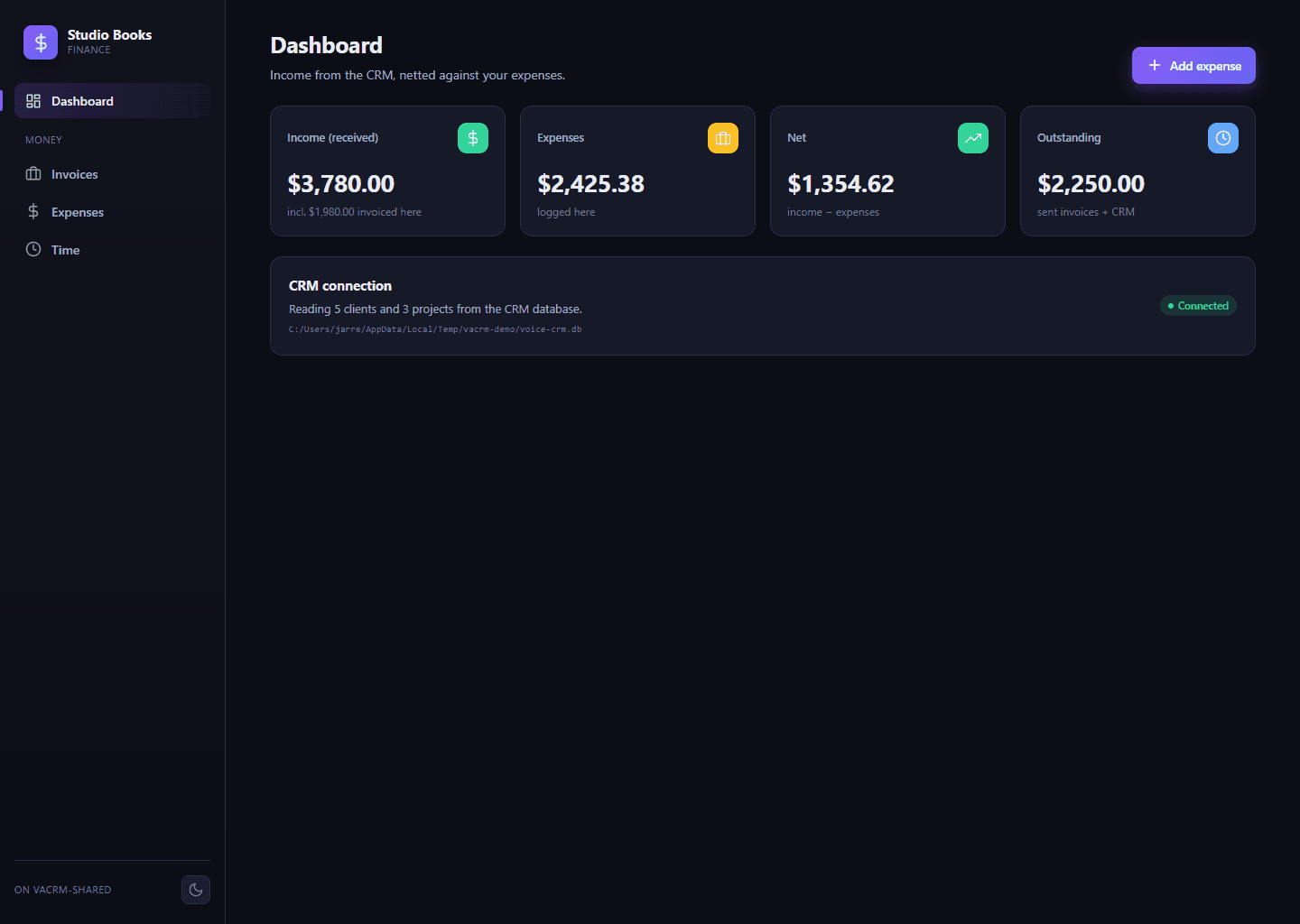 Studio Books dashboard
