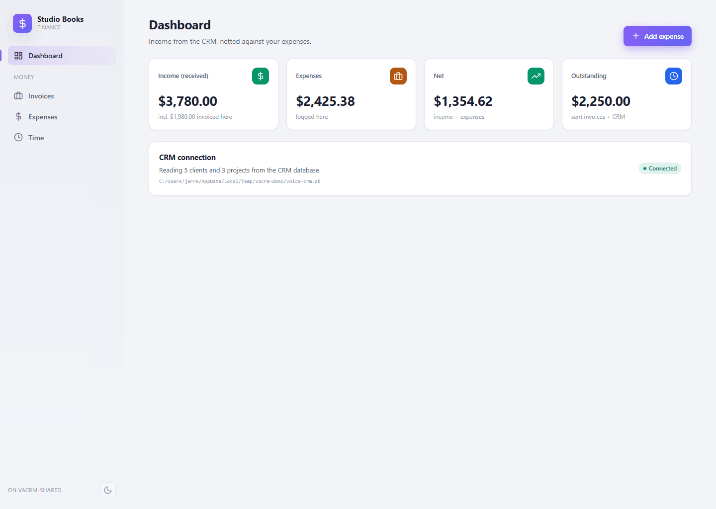 Studio Books dashboard