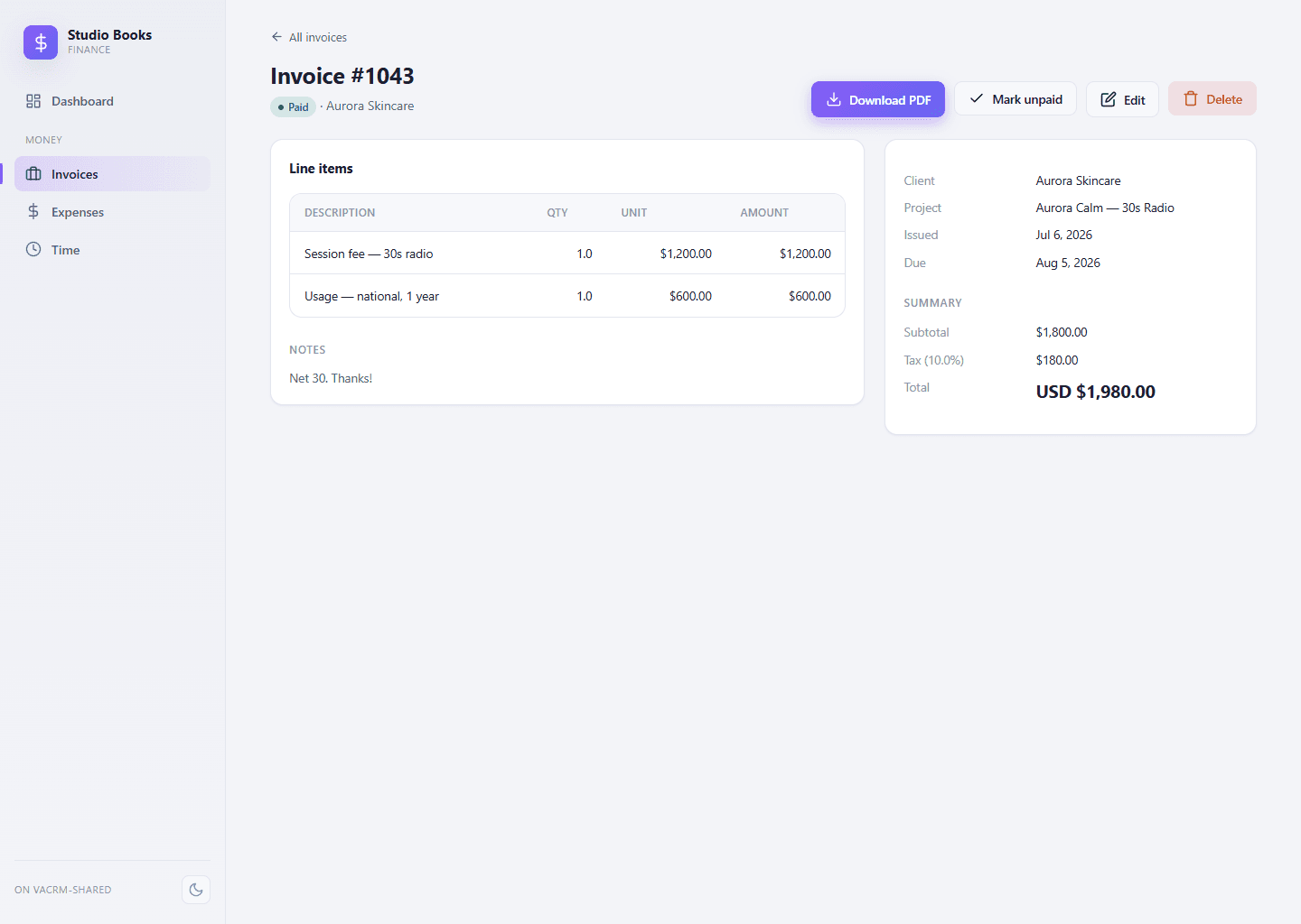 Invoice detail in Studio Books