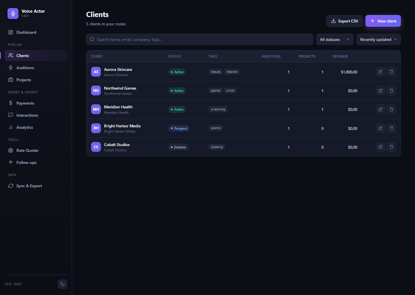 Client list in VoiceOver CRM
