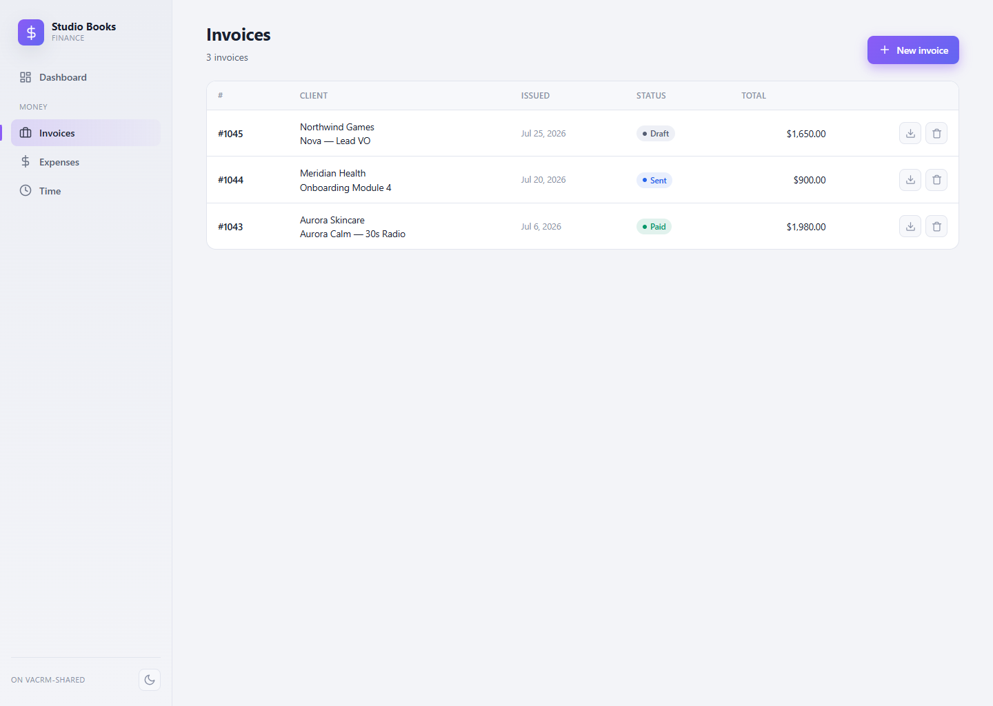 Invoice list in Studio Books