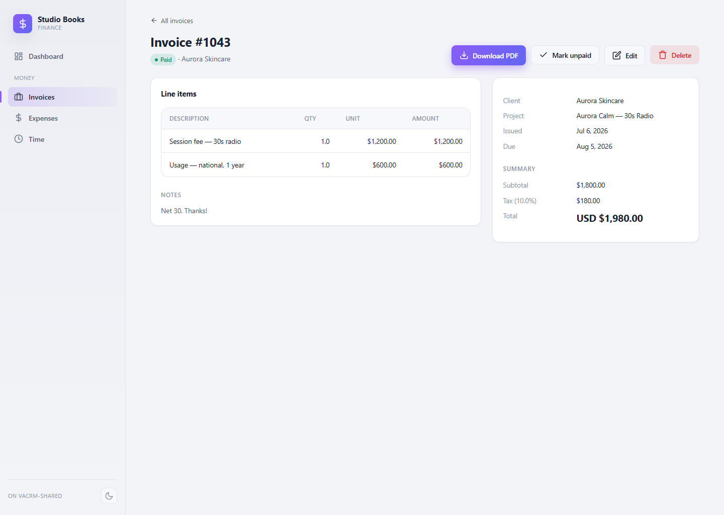 Invoice detail in Studio Books
