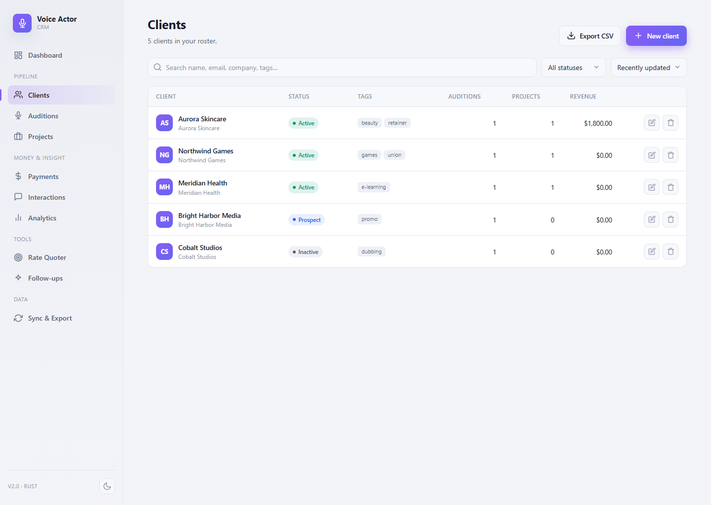 Client list in VoiceOver CRM