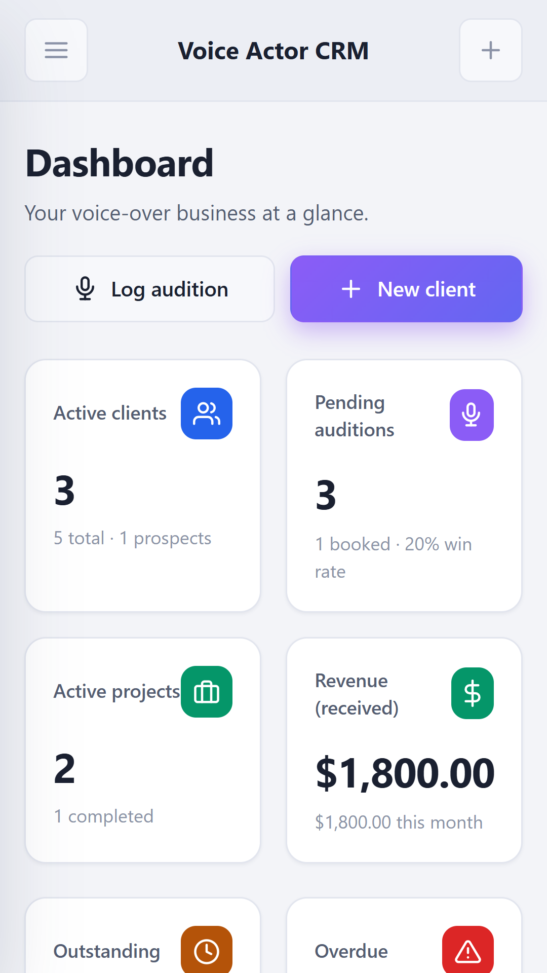 VoiceOver CRM dashboard on Android